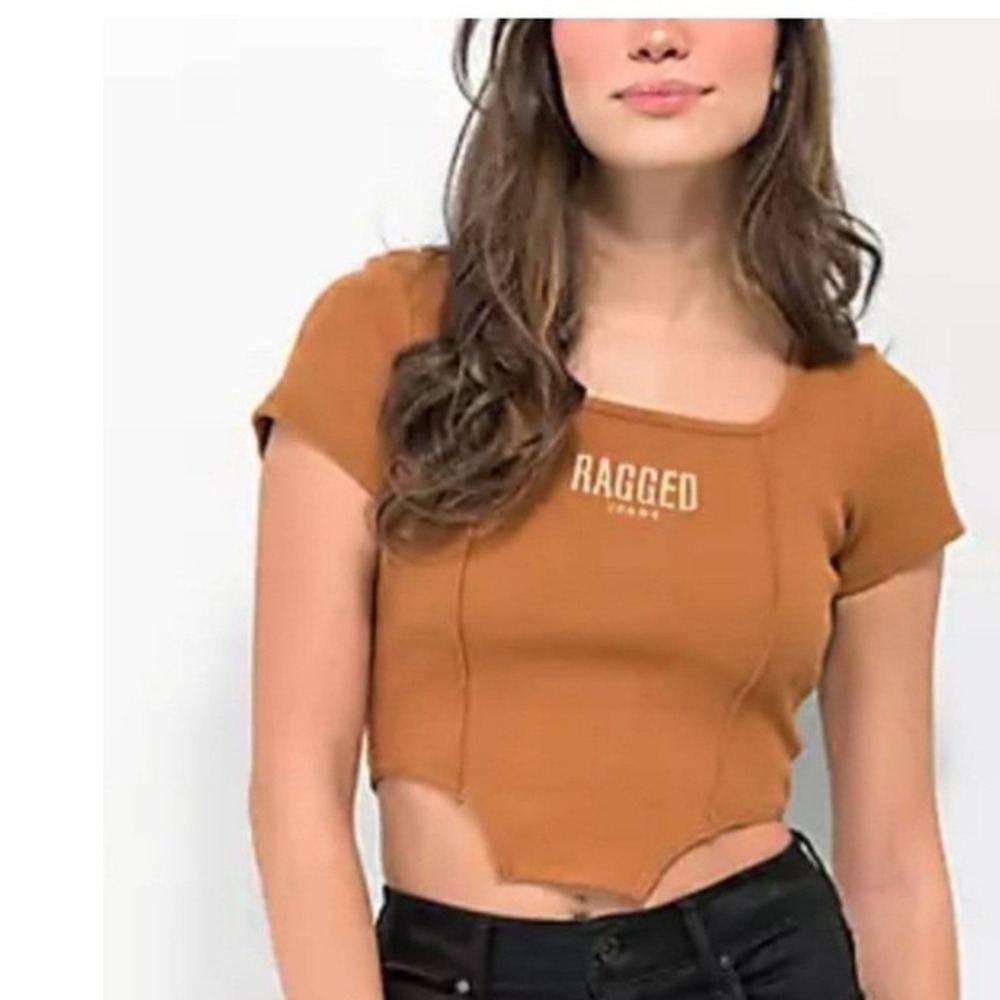 The Ragged Priest Brown Ribbed Corset Hem Crop Top Square Neck UK 6 RJAW224055JS